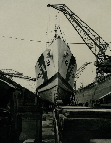 Bow of the USCGC Winnebago in drydock.