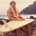 Ron Marlett with his surfboard.