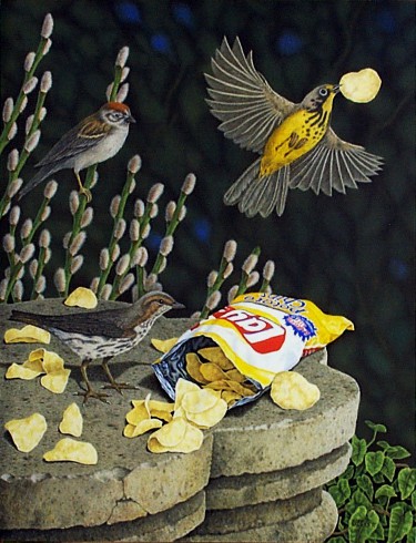 Ron Marlett's painting of birds eating potato chips.